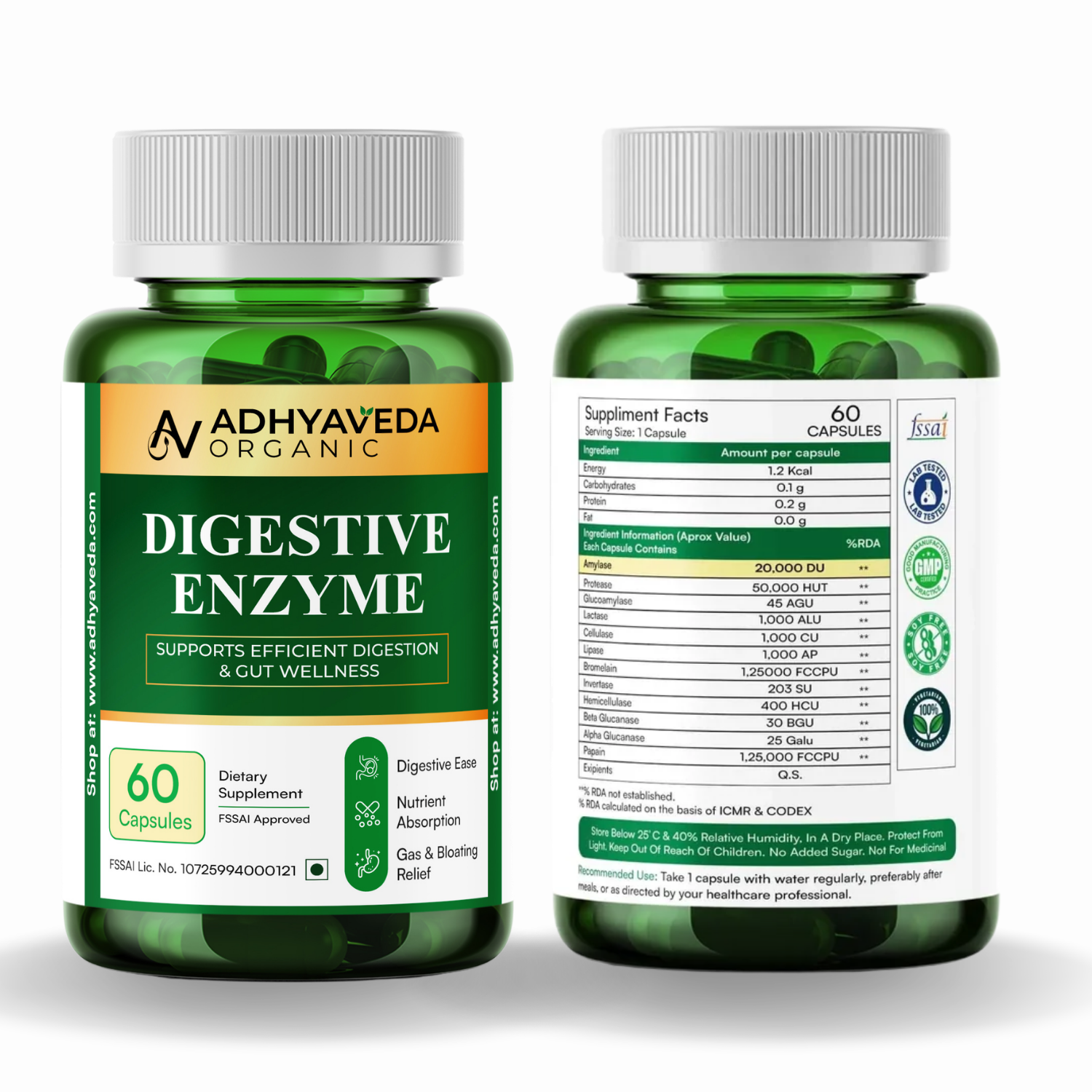 Adhyaveda Digestive & Bone Wellness Combo | Digestive Enzyme + Calcium Magnesium Zinc with D3, B12 & K2 | Daily Nutrition Support | 120 Count