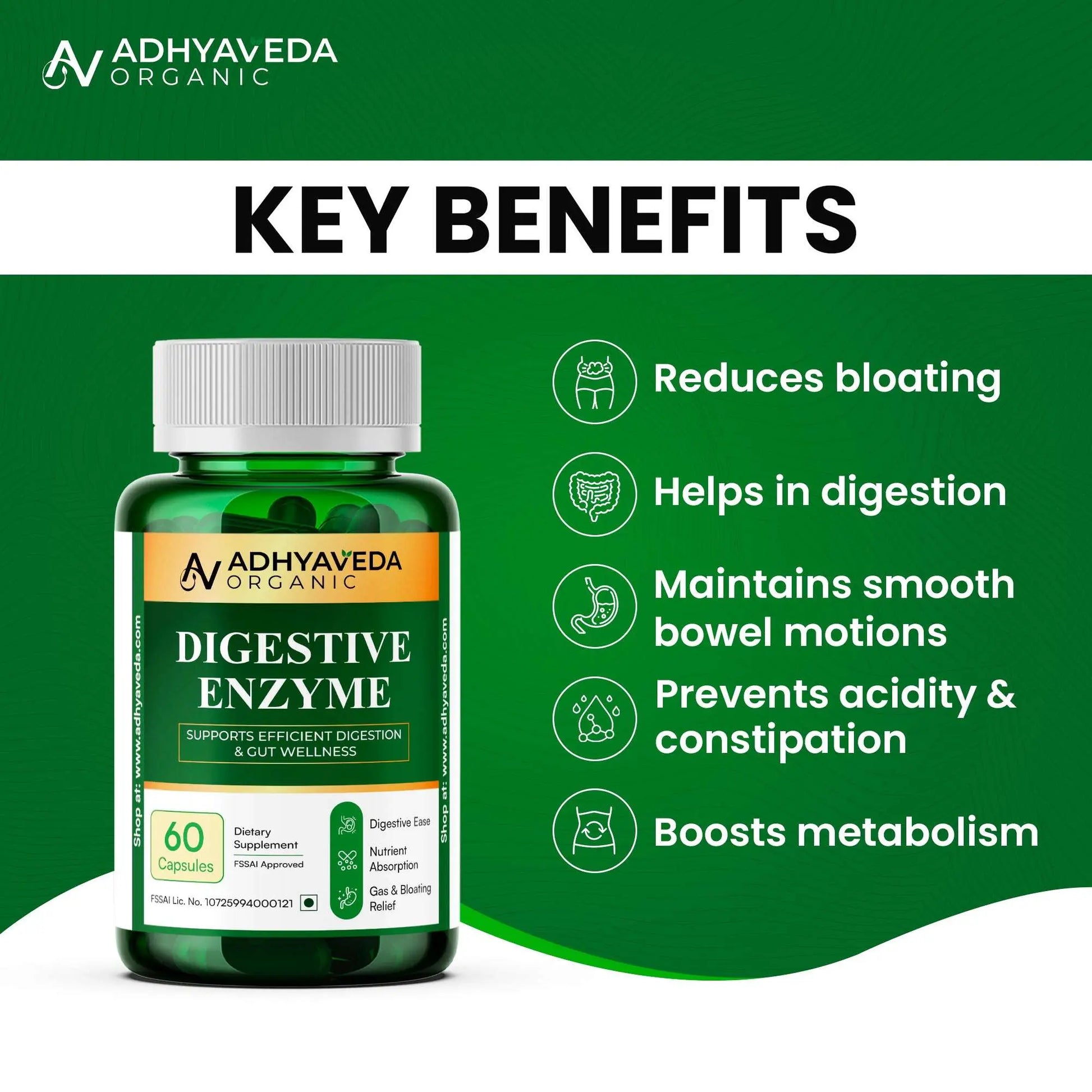 Adhyaveda Digestive Enzyme | Gut Health, Nutrient Absorption & Relief from Gas, Bloating & Indigestion | Sugar-free | 120 Capsules - Adhyaveda