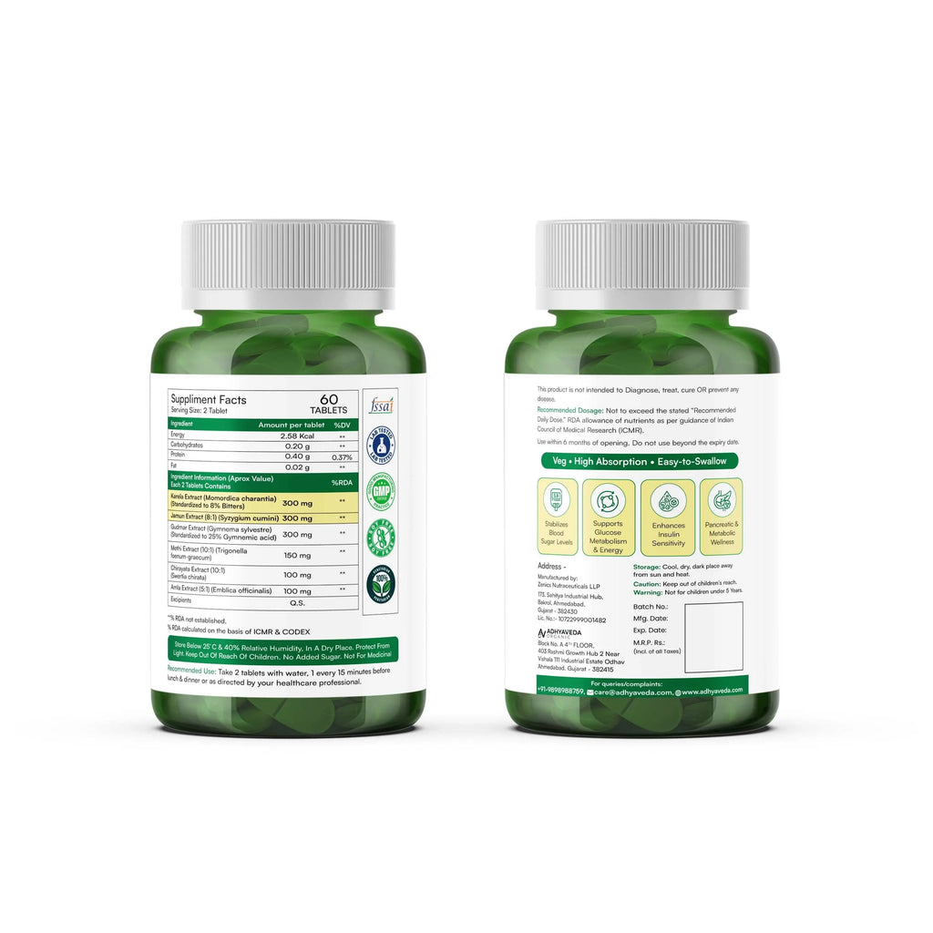 Adhyaveda Diabetic Care | Ayurvedic Blend of Karela, Jamun & Giloy | Supports Sugar & Metabolic Health | 120 Tablets - Adhyaveda