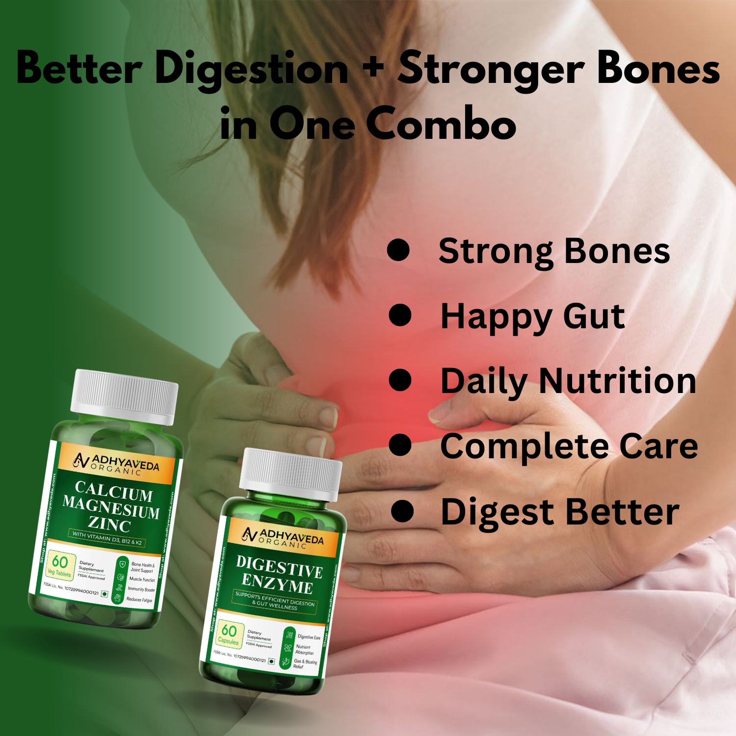 Adhyaveda Digestive & Bone Wellness Combo | Digestive Enzyme + Calcium Magnesium Zinc with D3, B12 & K2 | Daily Nutrition Support | 120 Count