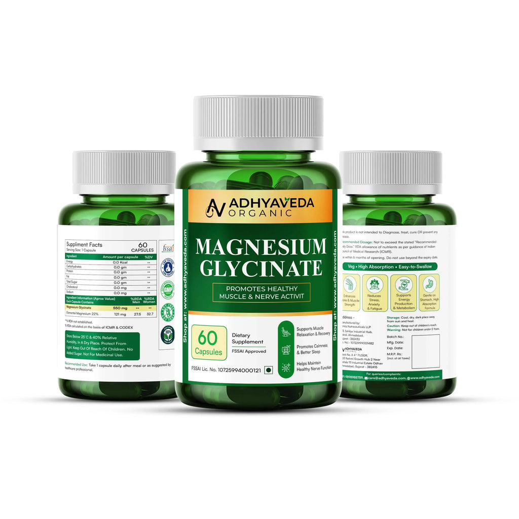 Adhyaveda Magnesium Glycinate with Vitamin B6, Zinc, & Glycine | 120 Capsules | Muscle Relaxation & Nerve Support Supplement - Adhyaveda