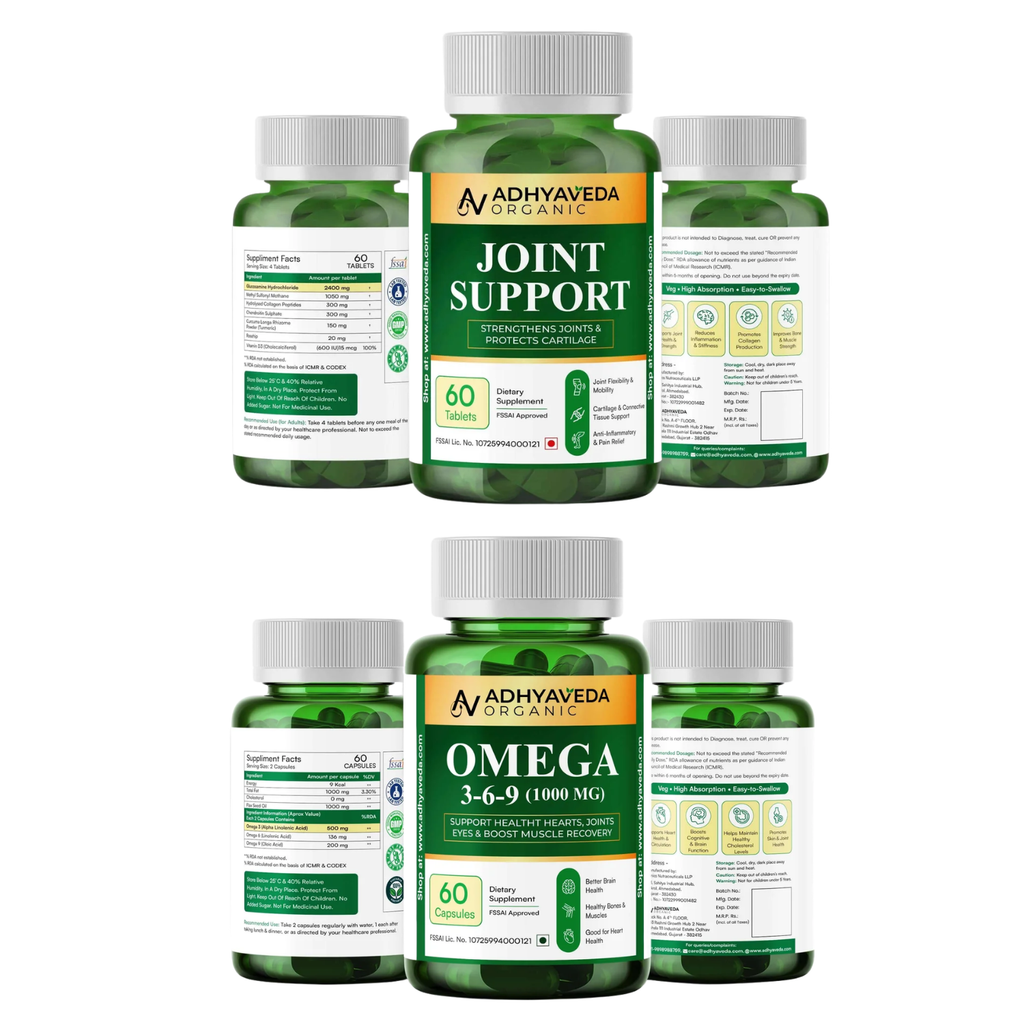 Adhyaveda Joint & Essential Wellness Combo | Plant-Based Omega 3-6-9 & Daily Nutrition Support | 120 Tablets & Soft Capsules
