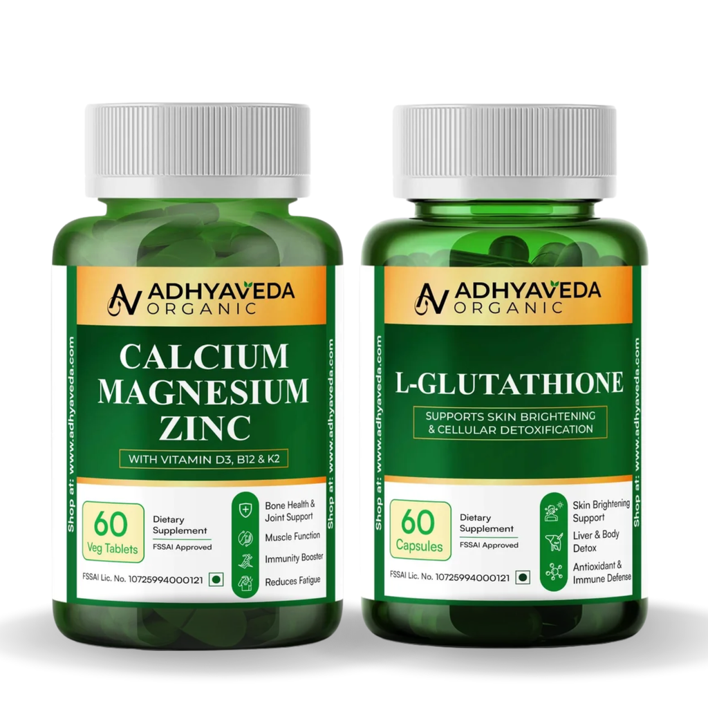 Adhyaveda Glow & Daily Wellness Combo | L-Glutathione + Calcium Magnesium Zinc with D3, B12 & K2 | Plant-Based Daily Nutrition Support | 120 Count
