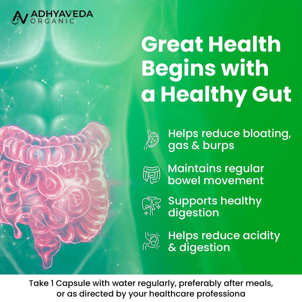Adhyaveda Digestive Enzyme | Gut Health, Nutrient Absorption & Relief from Gas, Bloating & Indigestion | Sugar-free | 120 Capsules - Adhyaveda