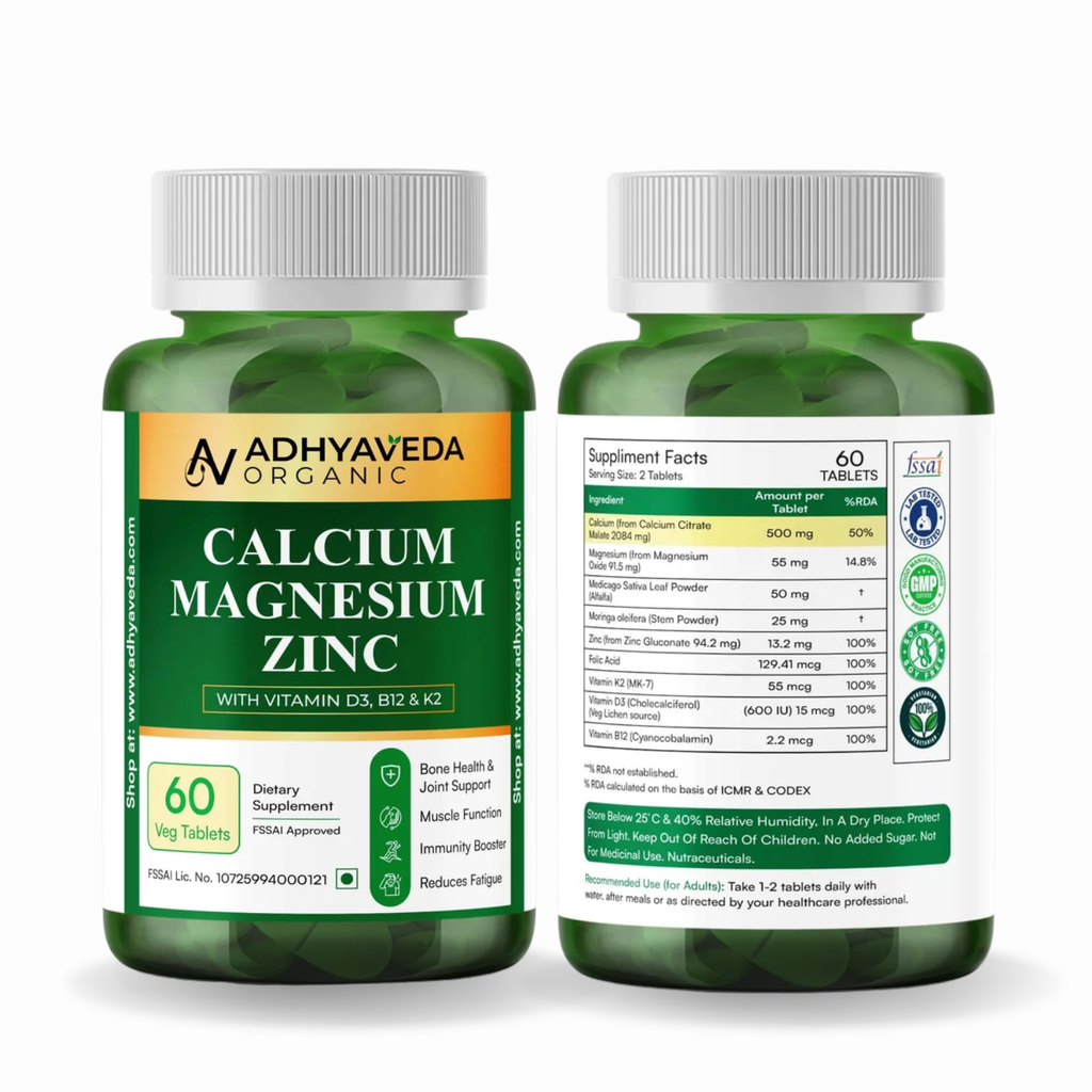 Adhyaveda Calcium Magnesium Zinc | Plant-Based Daily Nutrition Supplement | With Vitamin D3, B12, K2 & Botanical Blend | Sugar-Free | 120 Tablets