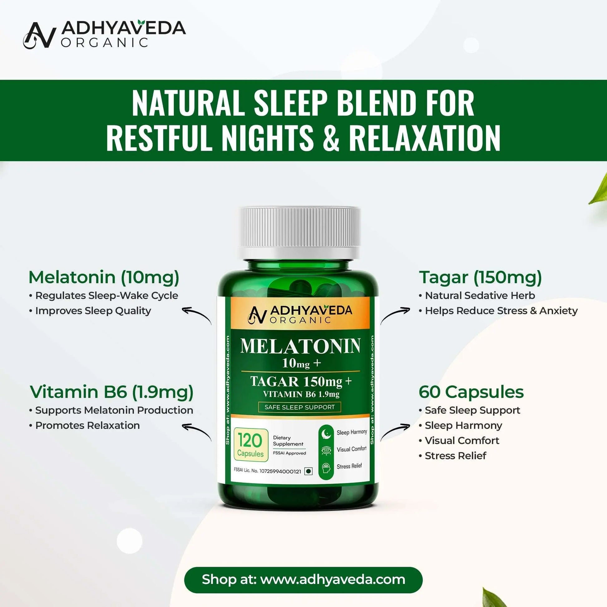 Adhyaveda Organic Melatonin with Tagar & Vitamin B6 | 120 Veg Capsules | Wellness & Sleep Support | Non-habit forming & Safe - Adhyaveda