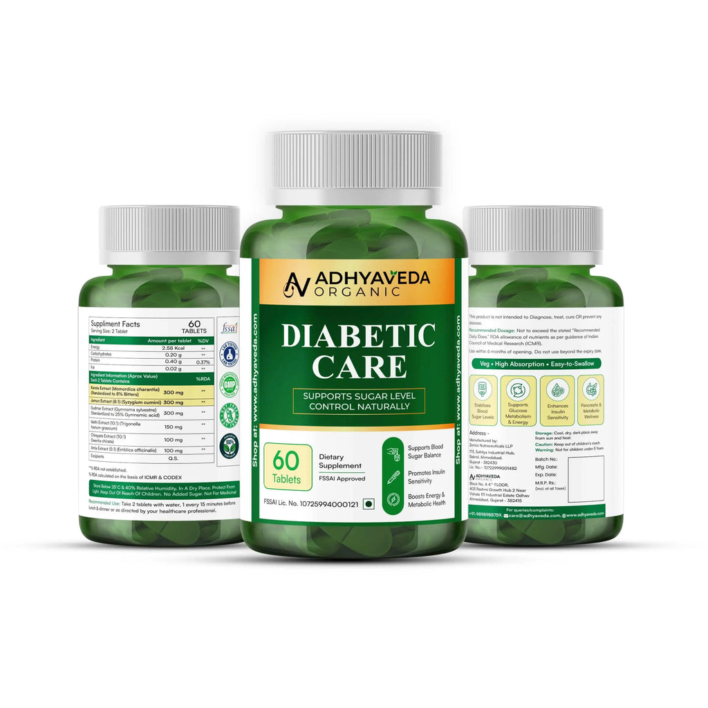 Adhyaveda Diabetic Care | Ayurvedic Blend of Karela, Jamun & Giloy | Supports Sugar & Metabolic Health | 120 Tablets - Adhyaveda