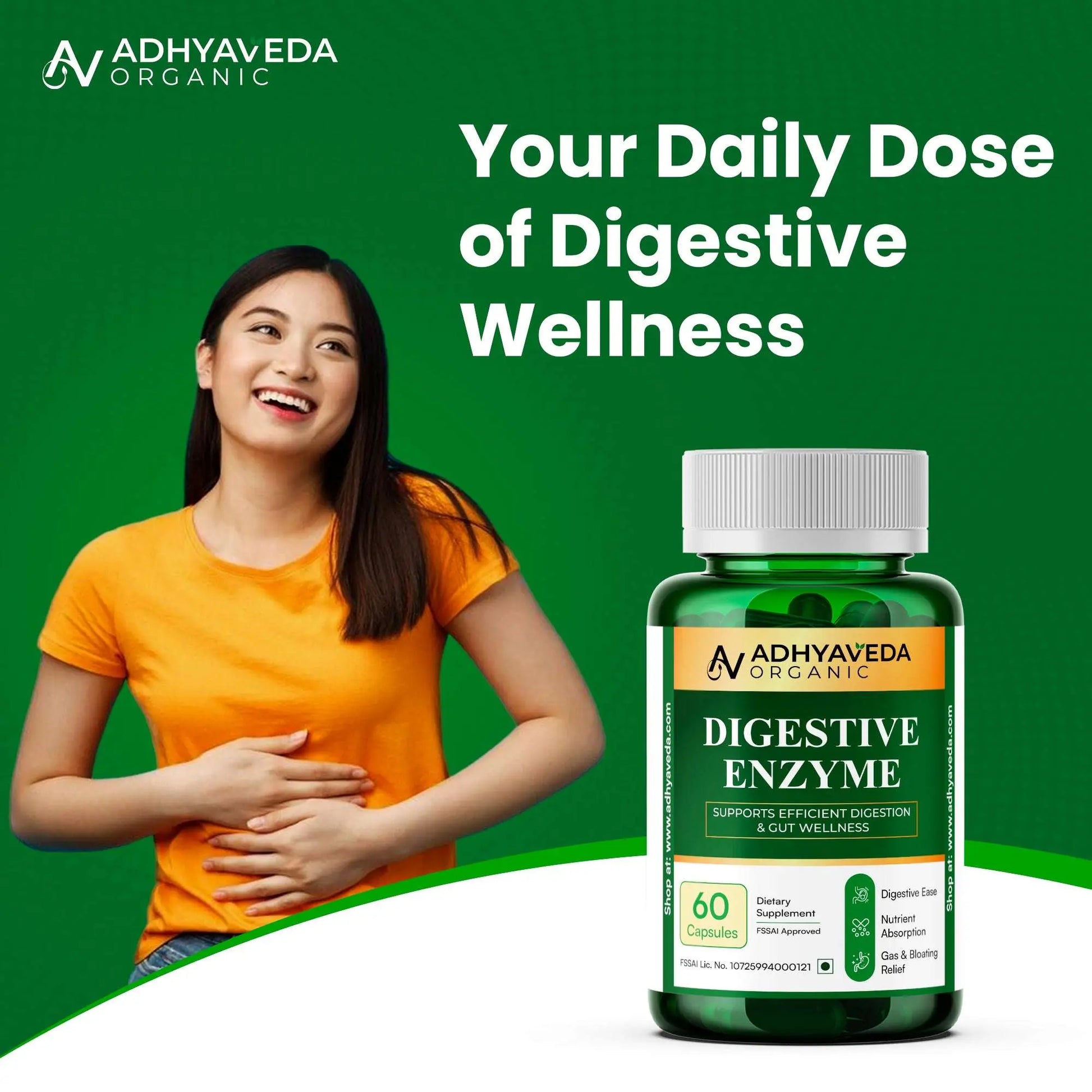 Adhyaveda Digestive Enzyme | Gut Health, Nutrient Absorption & Relief from Gas, Bloating & Indigestion | Sugar-free | 120 Capsules - Adhyaveda