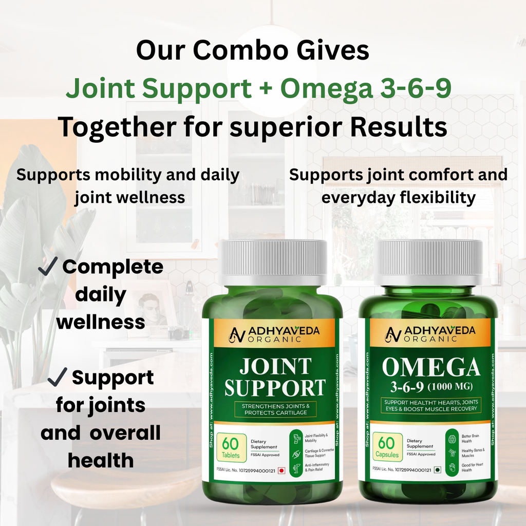 Adhyaveda Joint & Essential Wellness Combo | Plant-Based Omega 3-6-9 & Daily Nutrition Support | 120 Tablets & Soft Capsules