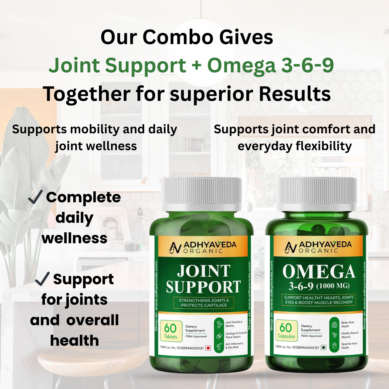 Adhyaveda Joint & Essential Wellness Combo | Joint Support + Omega 3-6-9 | Mobility & Daily Nutrition Support | 120 Tablets & Capsules