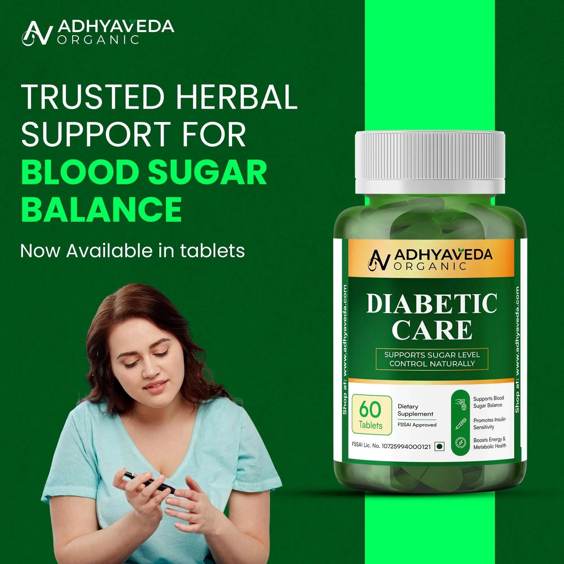Adhyaveda Diabetic Care | Ayurvedic Blend of Karela, Jamun & Giloy | Supports Sugar & Metabolic Health | 120 Tablets - Adhyaveda