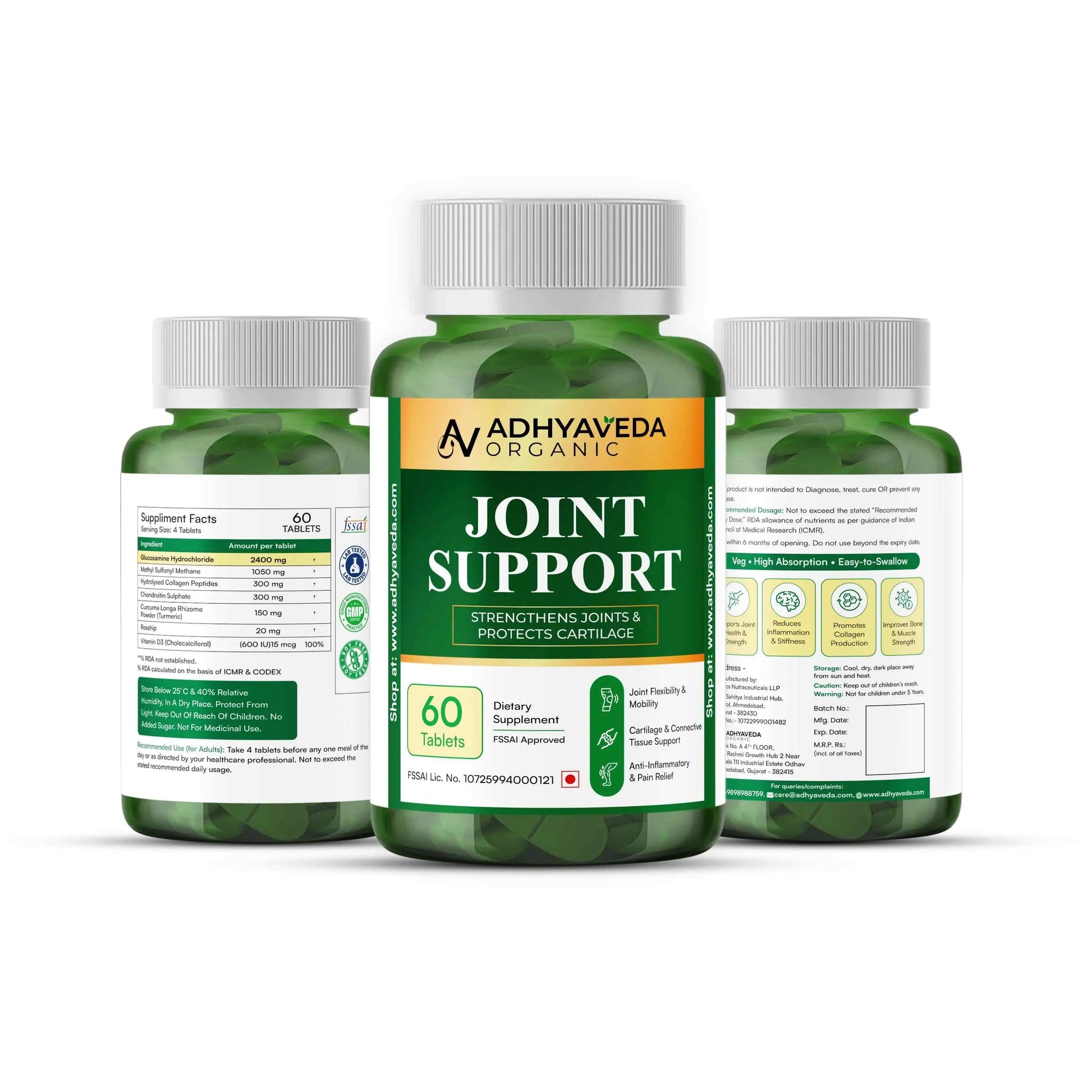 Adhyaveda Joint Support | Glucosamine, MSM, Collagen, Boswellia & Turmeric | Flexibility & Pain Relief Supplement | 120 Tablets - Adhyaveda