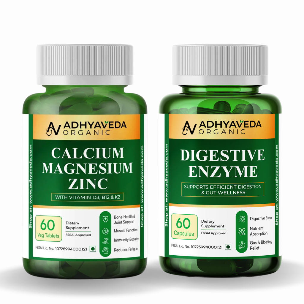 Adhyaveda Digestive & Daily Wellness Combo | Digestive Enzyme + Calcium Magnesium Zinc with D3, B12 & K2 | Plant-Based Daily Nutrition Support | 120 Count
