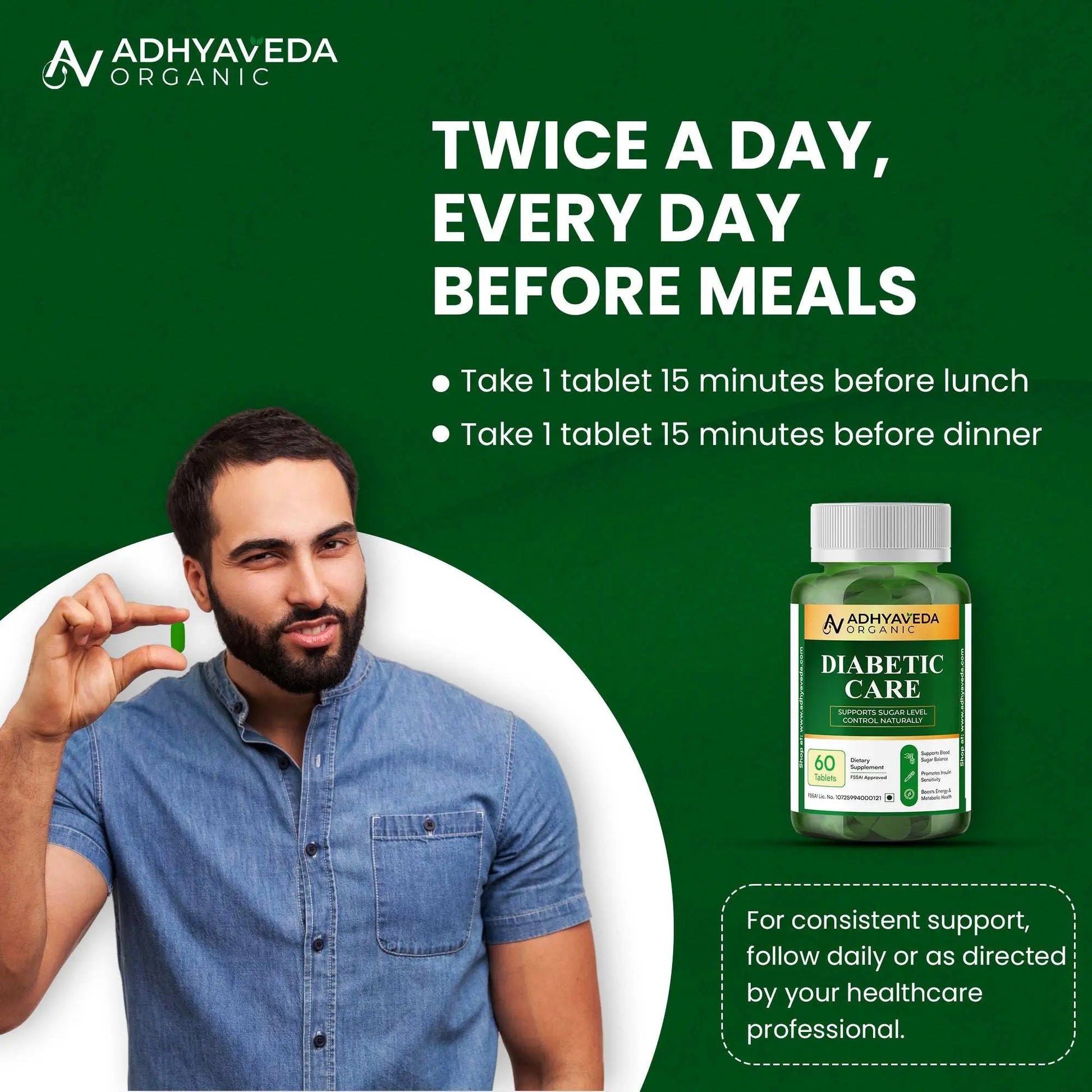 Adhyaveda Diabetic Care | Ayurvedic Blend of Karela, Jamun & Giloy | Supports Sugar & Metabolic Health | 120 Tablets - Adhyaveda