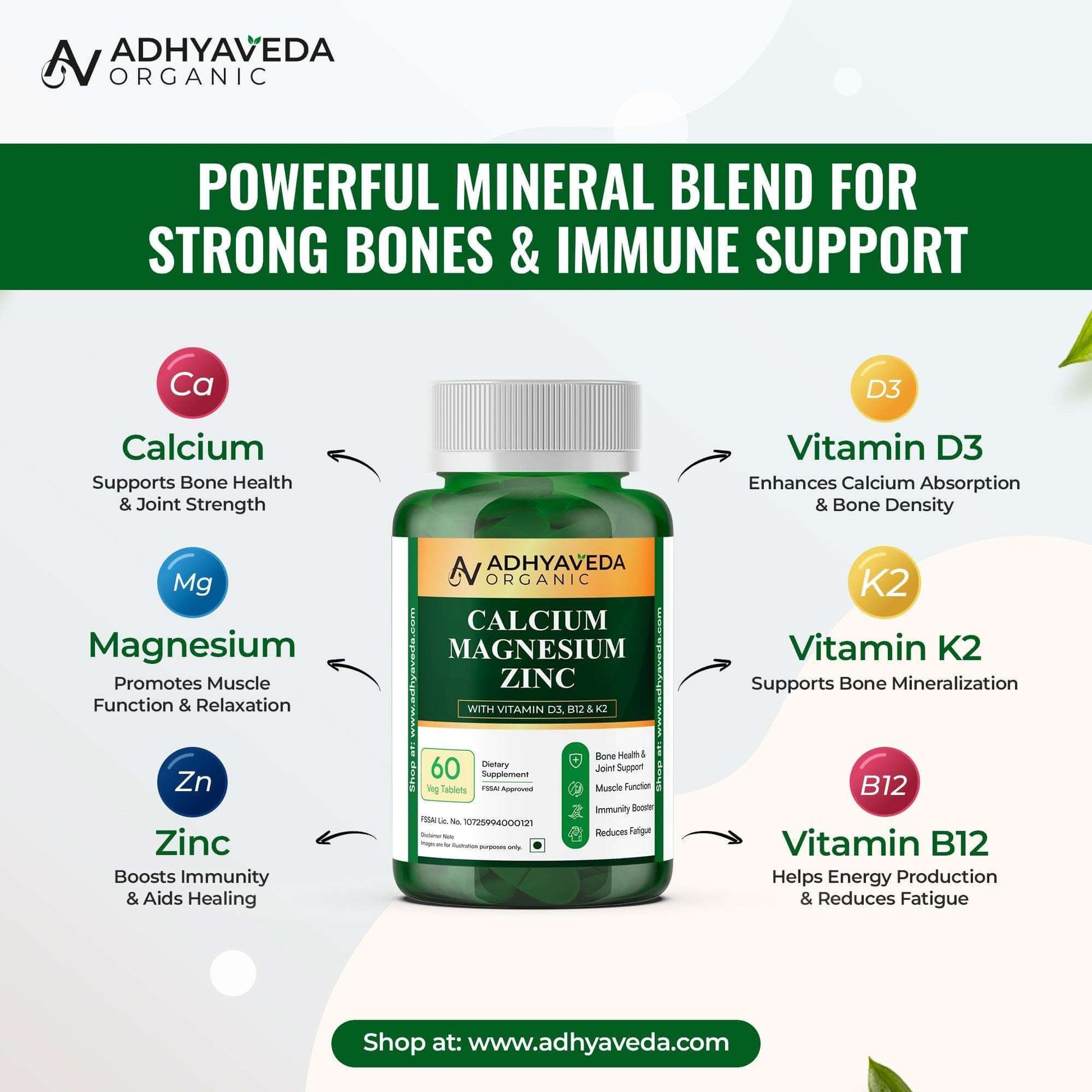 Adhyaveda Calcium Magnesium Zinc with Vitamin D3, B12 & K2 | 120 Capsules | Daily Lifestyle Support | Sugar-free Supplement - Adhyaveda