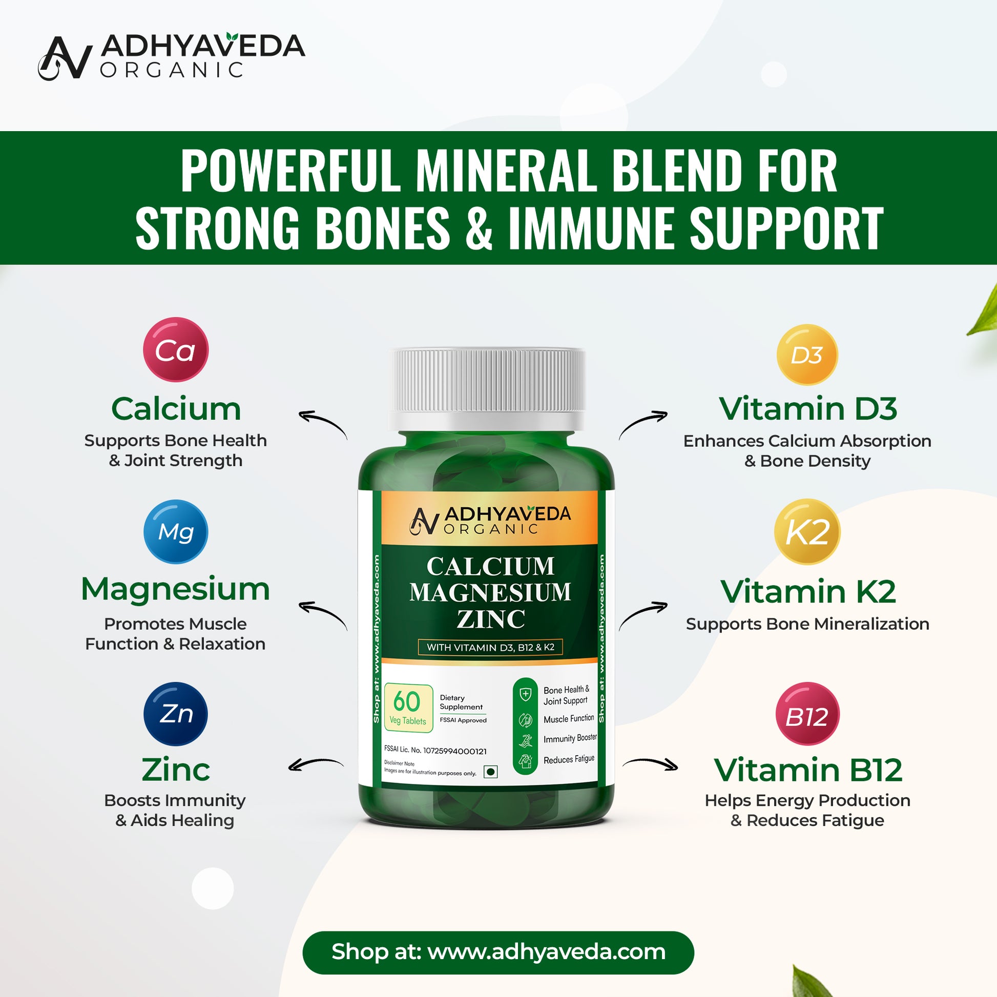 Adhyaveda Organic Calcium, Magnesium & Zinc | With Vitamin D3, B12 & K2 | Bone & Joint Support | 60 Veg Tablets | Adhyaveda Organic Calcium