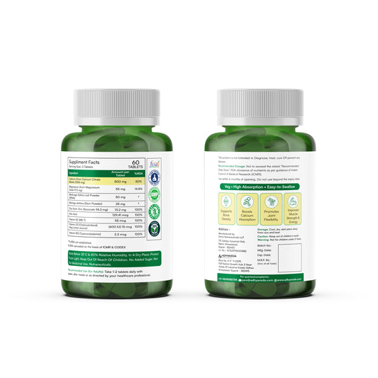 Adhyaveda Organic Calcium, Magnesium & Zinc | With Vitamin D3, B12 & K2 | Bone & Joint Support | 60 Veg Tablets | Adhyaveda Organic Calcium