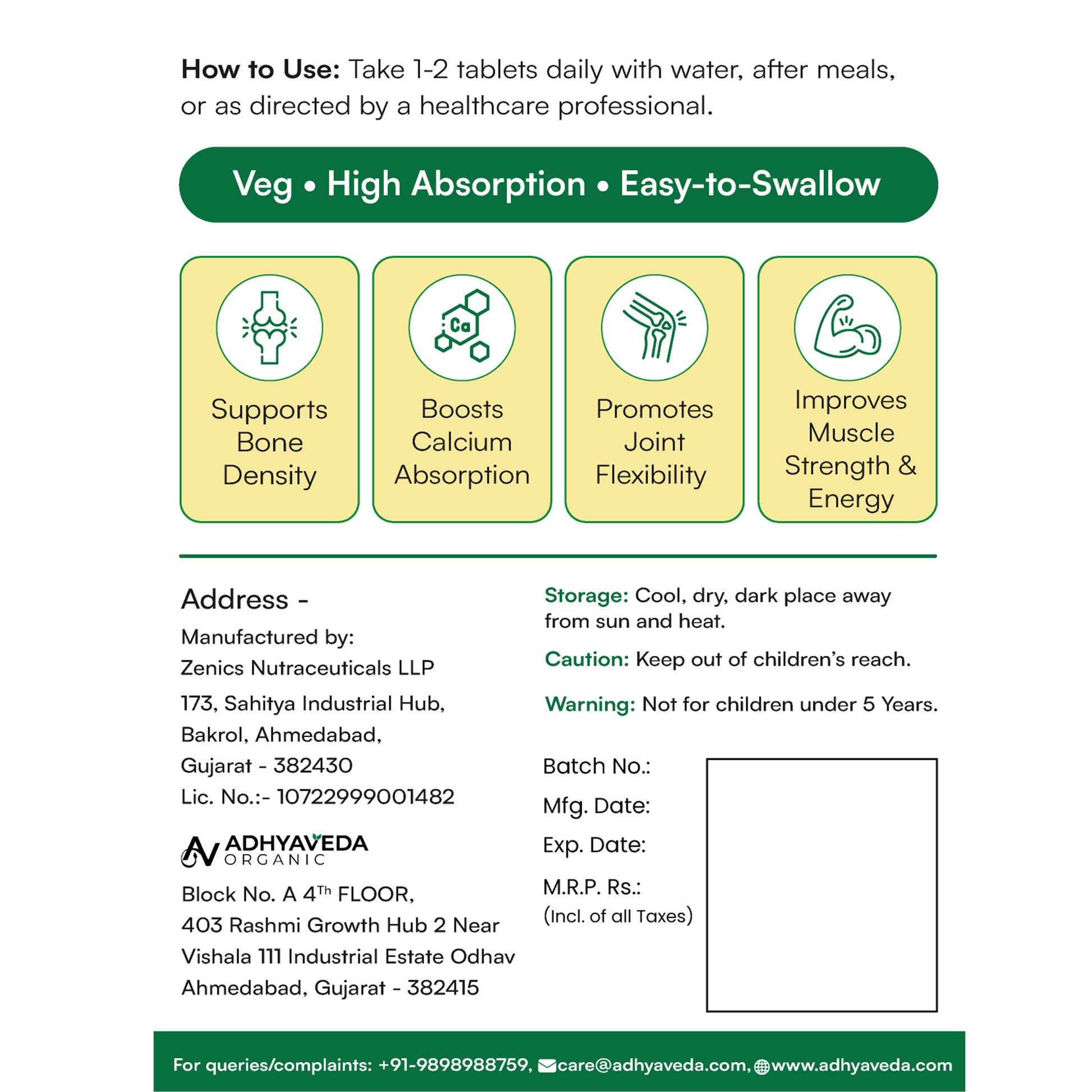 Adhyaveda Organic Calcium, Magnesium & Zinc | With Vitamin D3, B12 & K2 | Bone & Joint Support | 60 Veg Tablets | Adhyaveda Organic Calcium