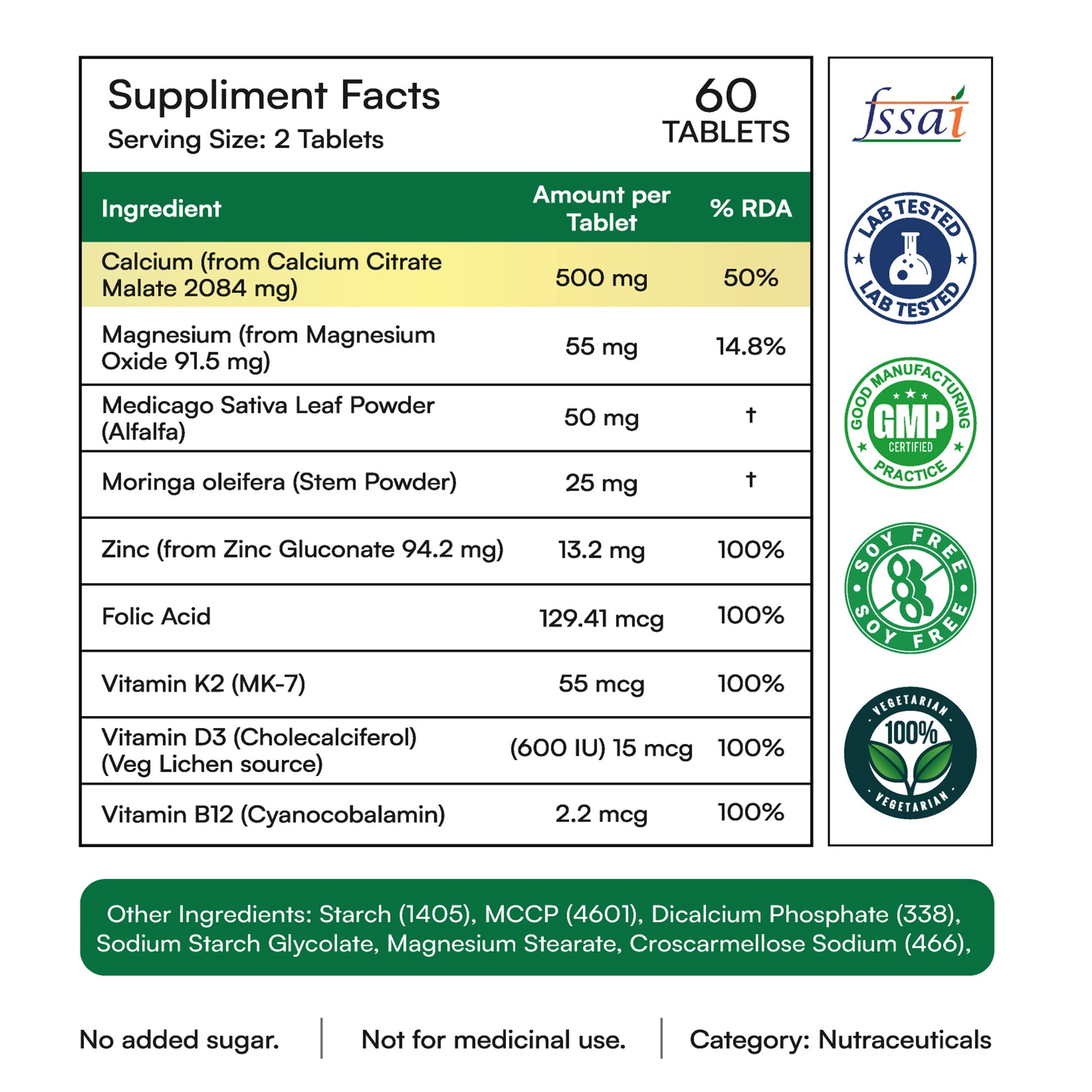 Adhyaveda Organic Calcium, Magnesium & Zinc | With Vitamin D3, B12 & K2 | Bone & Joint Support | 60 Veg Tablets | Adhyaveda Organic Calcium