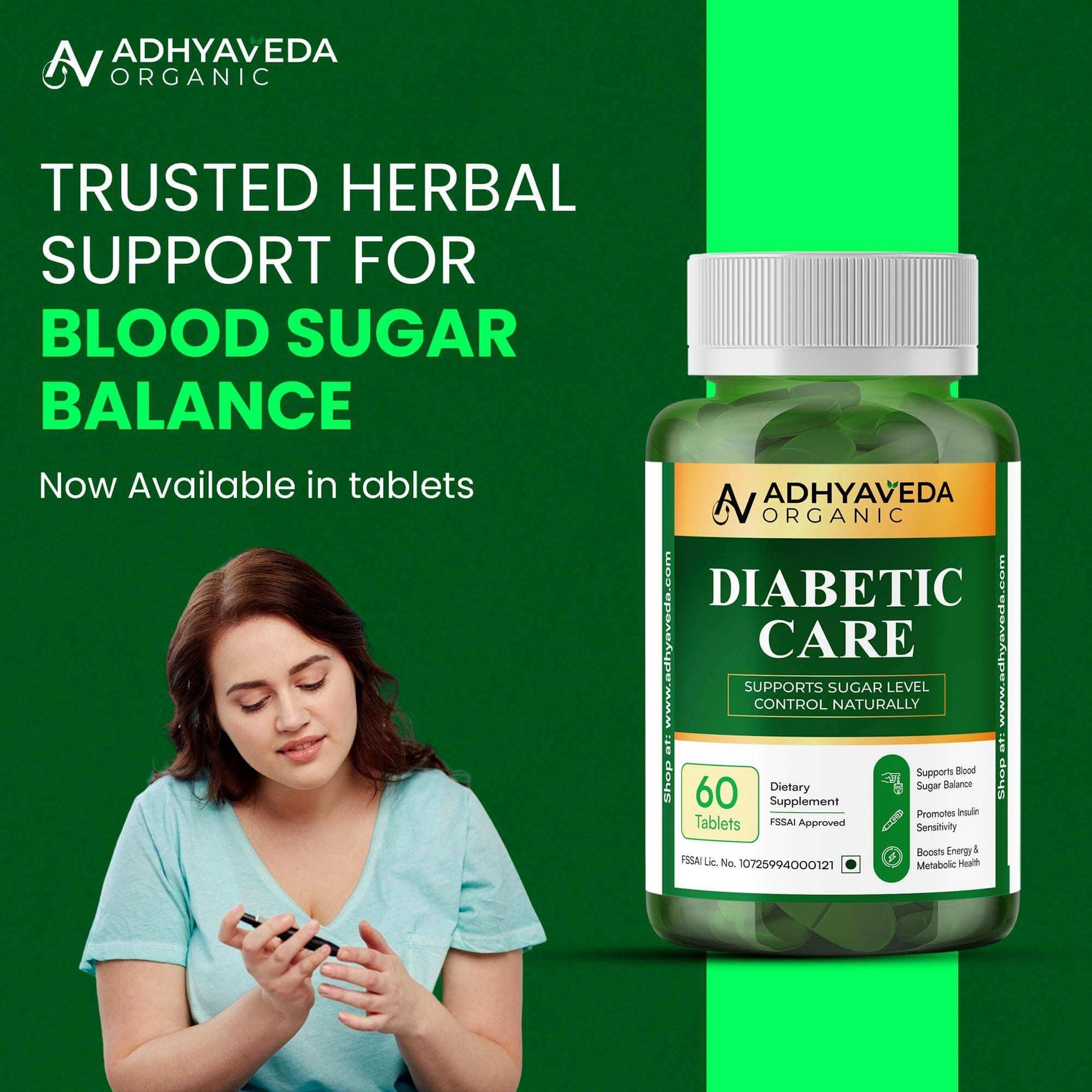 Adhyaveda Diabetic Care | Ayurvedic Blend of Karela, Jamun & Giloy | Supports Sugar & Metabolic Health | 120 Tablets - Adhyaveda