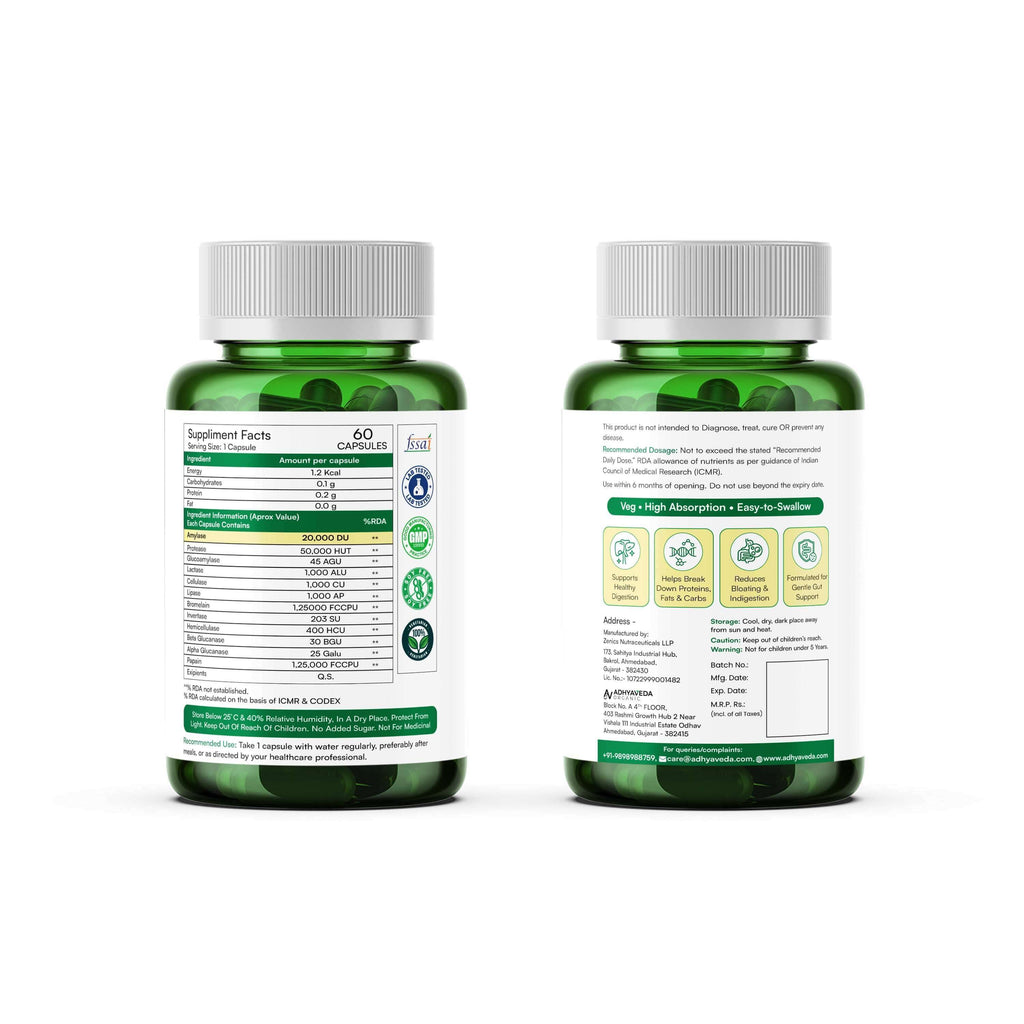 Adhyaveda Digestive Enzyme | Gut Health, Nutrient Absorption & Relief from Gas, Bloating & Indigestion | Sugar-free | 120 Capsules - Adhyaveda