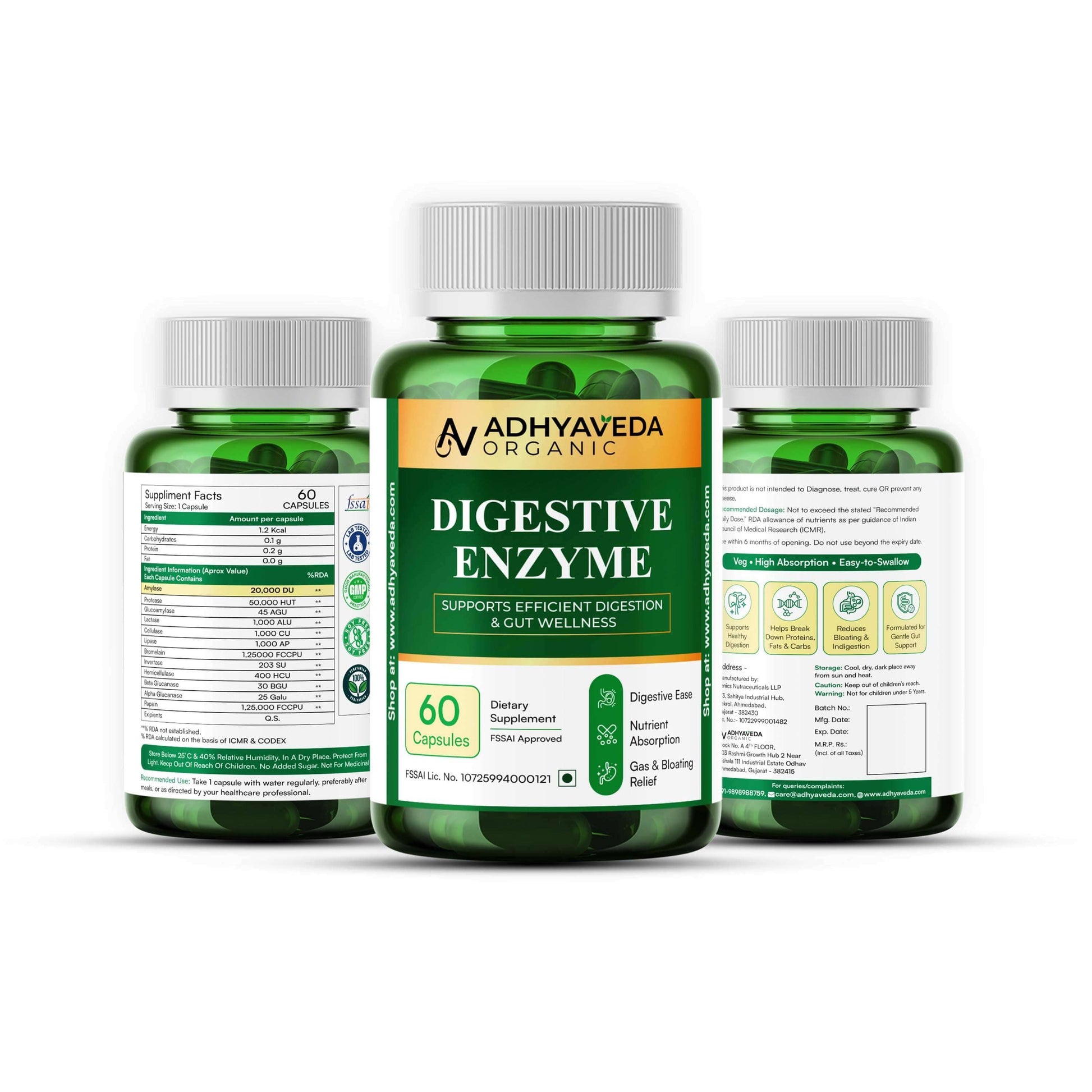 Adhyaveda Digestive Enzyme | Gut Health, Nutrient Absorption & Relief from Gas, Bloating & Indigestion | Sugar-free | 120 Capsules - Adhyaveda