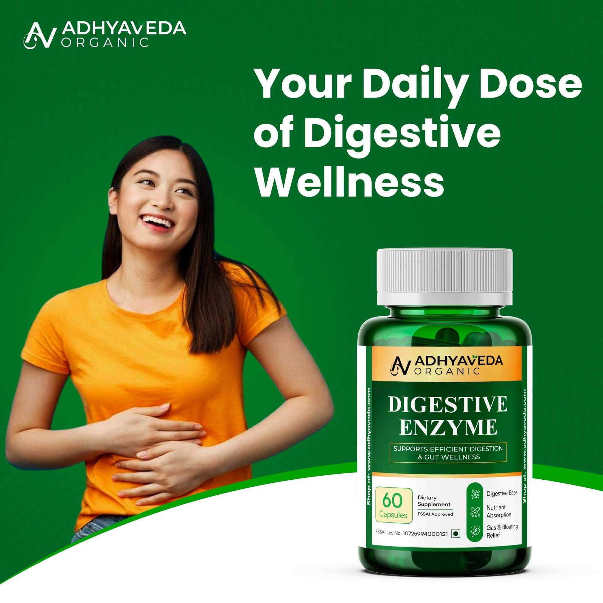 Adhyaveda Digestive Enzyme | Gut Health, Nutrient Absorption & Relief from Gas, Bloating & Indigestion | Sugar-free | 120 Capsules - Adhyaveda