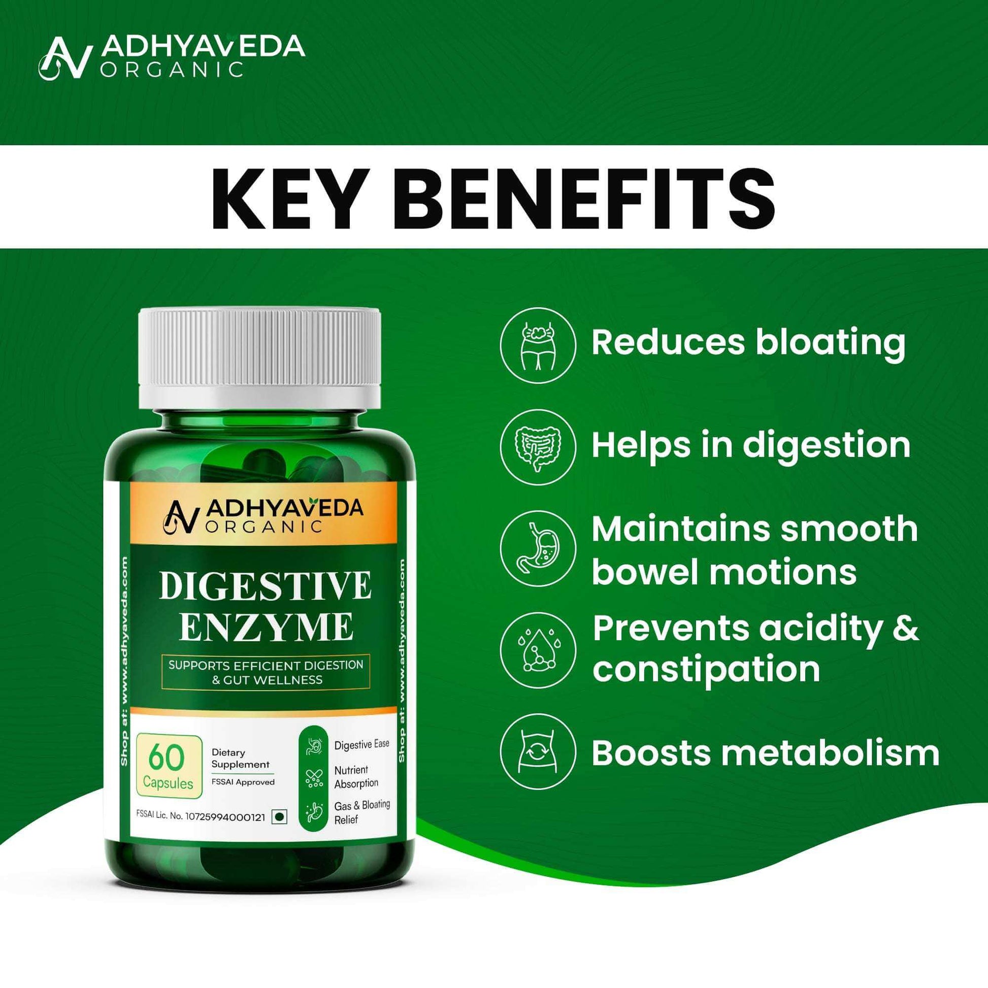 Adhyaveda Digestive Enzyme | Gut Health, Nutrient Absorption & Relief from Gas, Bloating & Indigestion | Sugar-free | 120 Capsules - Adhyaveda