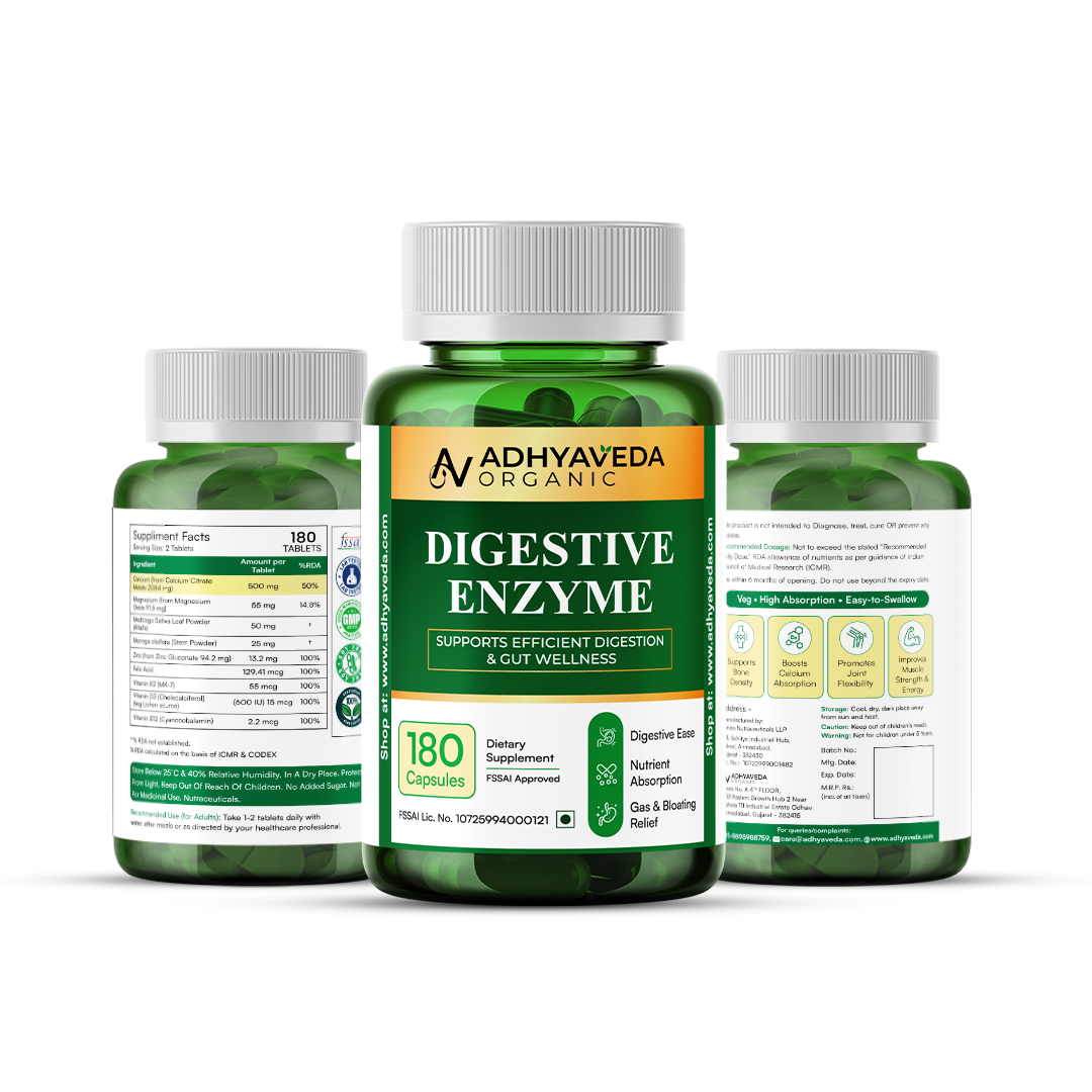 Adhyaveda Digestive Enzyme | Plant-Based Digestive Support Supplement | Sugar-Free | 60 Capsules