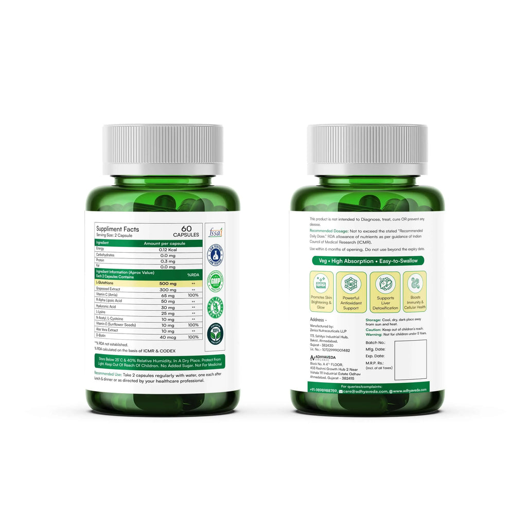 Adhyaveda L-Glutathione | Vitamin C, Amla, Grape Seed & Zinc | Skin Br Adhyaveda L-Glutathione | Vitamin C, Amla, Grape Seed & Zinc | Skin Br