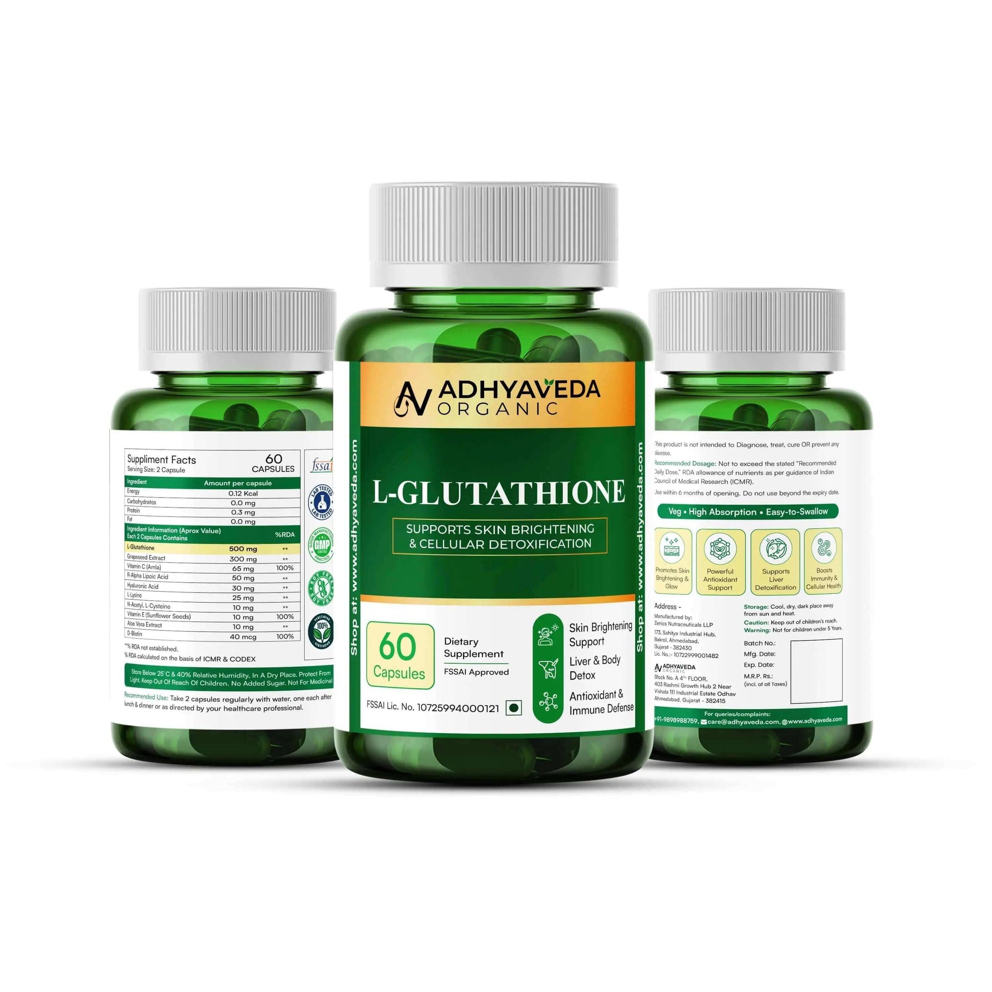Adhyaveda L-Glutathione | Vitamin C, Amla, Grape Seed & Zinc | Skin Brightening, Antioxidant | 120 Vegan Capsules | Cellular Detox Formula - Adhyaveda
