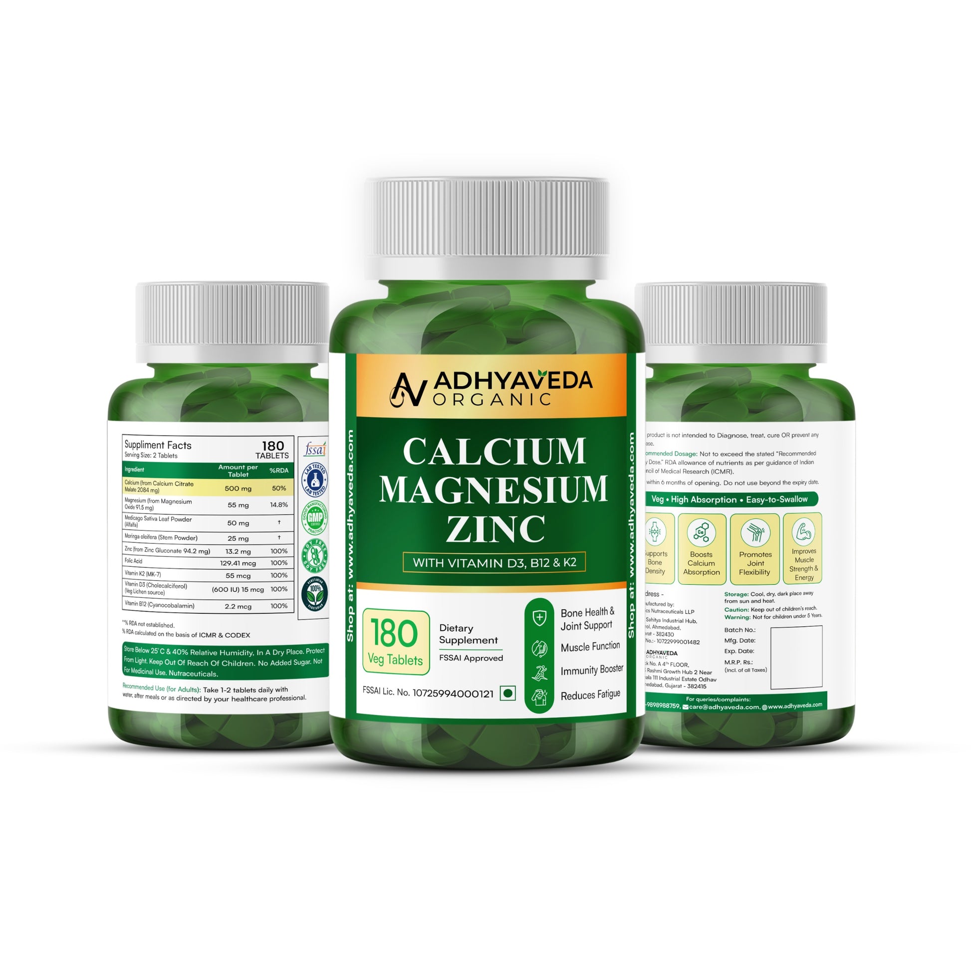 Adhyaveda Calcium Magnesium Zinc with Vitamin D3, B12 & K2 | 60 Tablets | Daily Lifestyle Support | Sugar-free Supplement