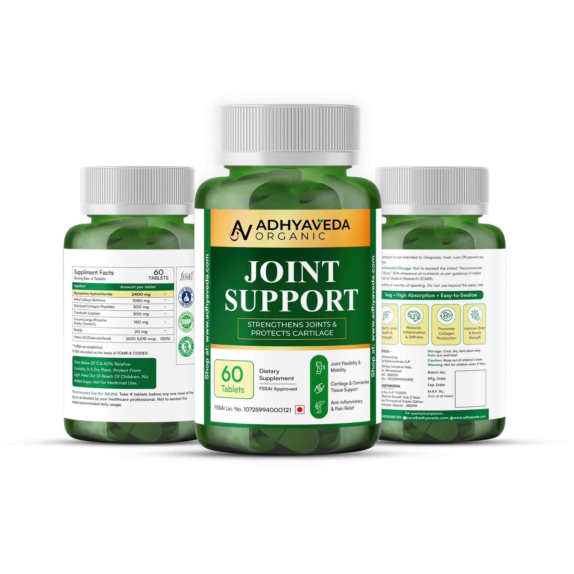Adhyaveda Joint Support | Glucosamine, MSM, Collagen, Boswellia & Turmeric | Flexibility & Pain Relief Supplement | 120 Tablets - Adhyaveda