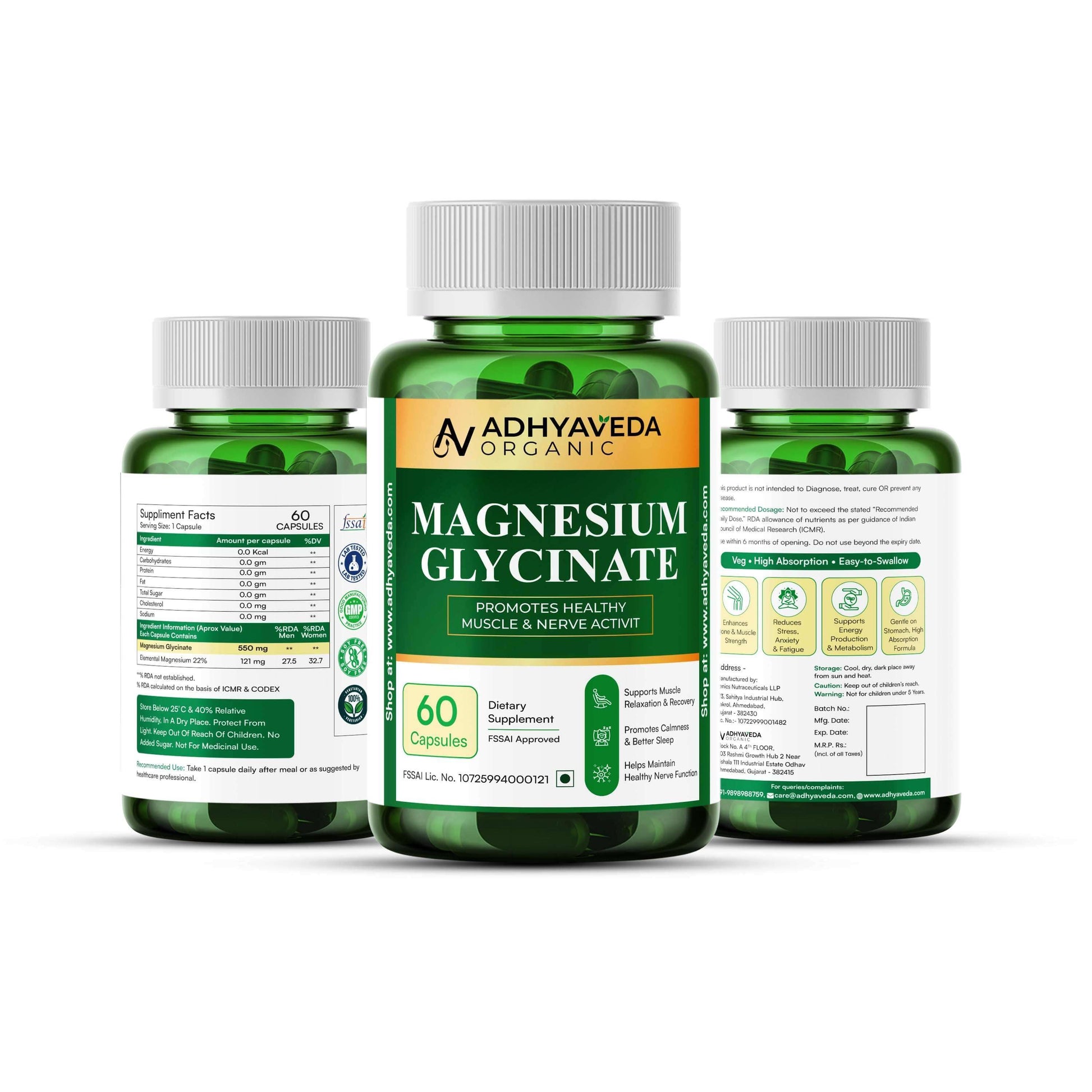 Adhyaveda Magnesium Glycinate with Vitamin B6, Zinc, & Glycine | 120 Capsules | Muscle Relaxation & Nerve Support Supplement - Adhyaveda