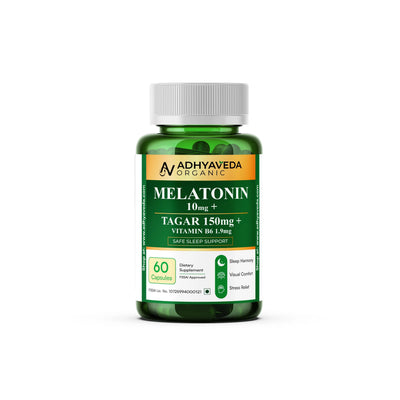 Adhyaveda Organic Melatonin with Tagar & Vitamin B6 | 60 Veg Capsules | Wellness & Sleep Support | Non-habit forming & Safe - Adhyaveda