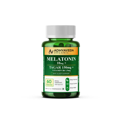 Adhyaveda Organic Melatonin 10mg + Tagar 150mg + Vitamin B6 | Sleep Support Supplement | 60 Veg Capsules | Stress Relief, Better Sleep & Relaxation