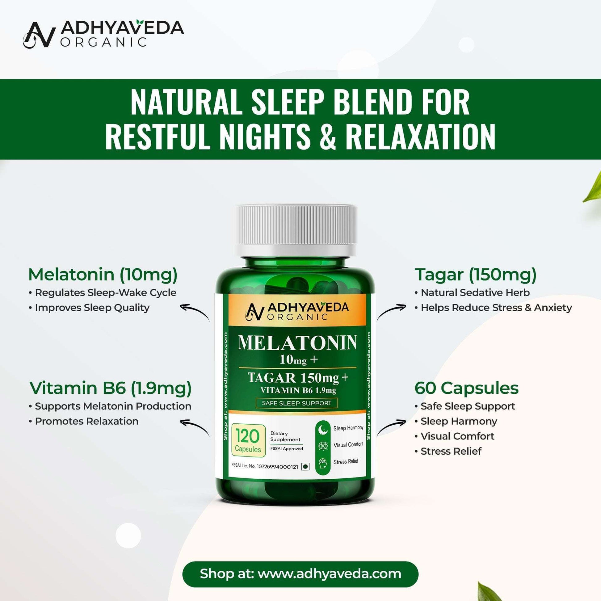 Adhyaveda Organic Melatonin with Tagar & Vitamin B6 | 120 Veg Capsules | Wellness & Sleep Support | Non-habit forming & Safe - Adhyaveda