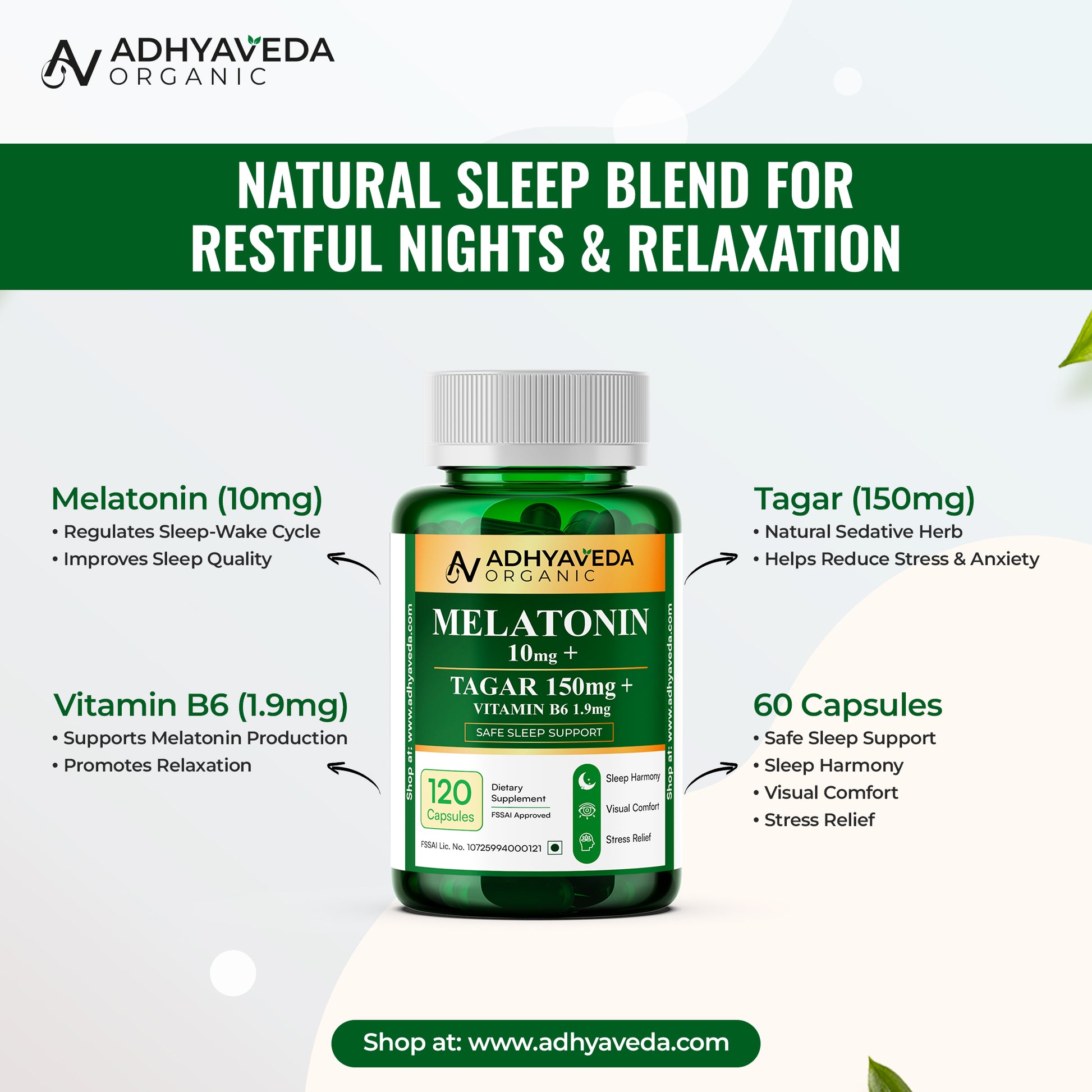 Adhyaveda Organic Melatonin 10mg + Tagar 150mg + Vitamin B6 | Sleep Support Supplement | 60 Veg Capsules | Stress Relief, Better Sleep & Relaxation