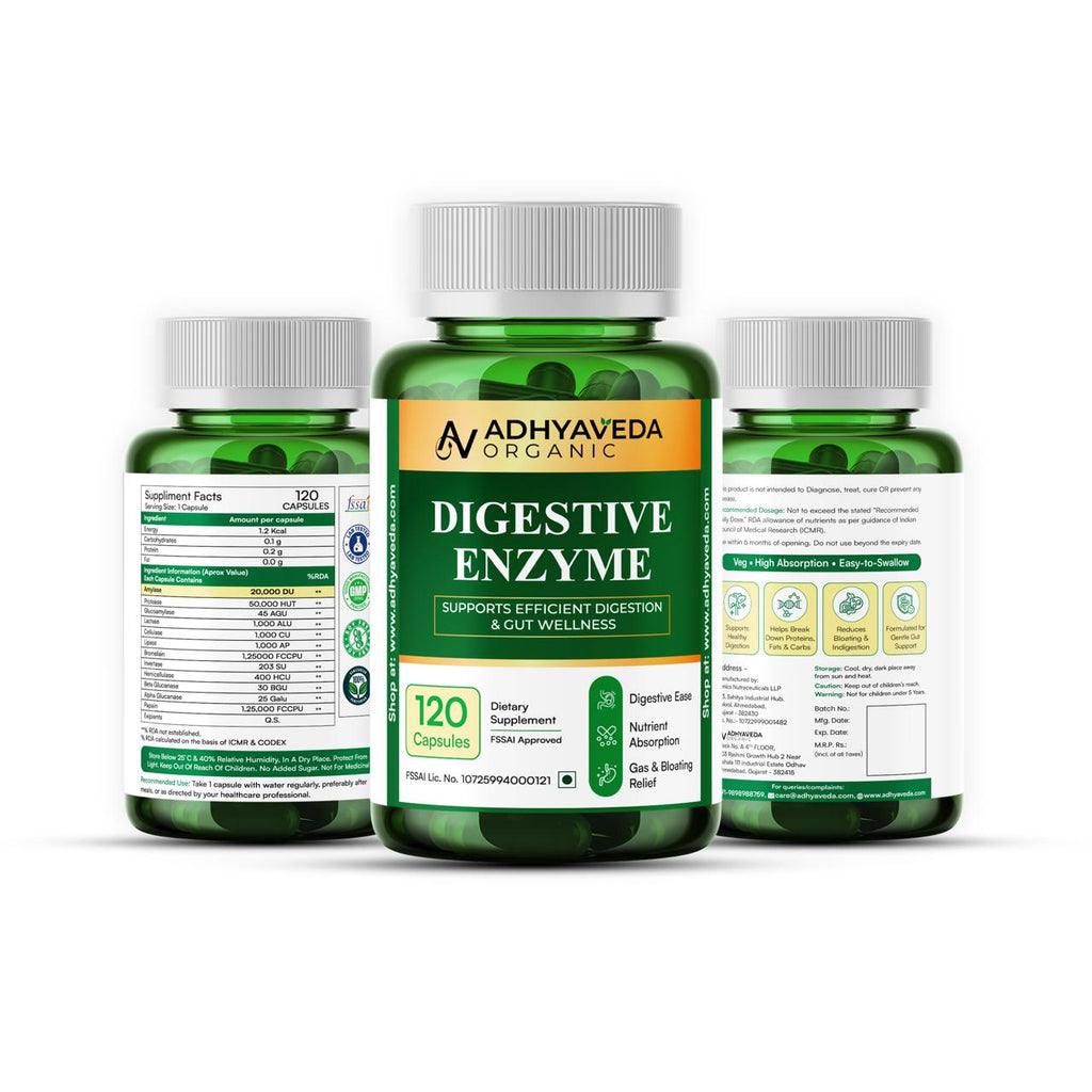 Adhyaveda Digestive Enzyme | Plant-Based Digestive Support Supplement | Sugar-Free | 60 Capsules