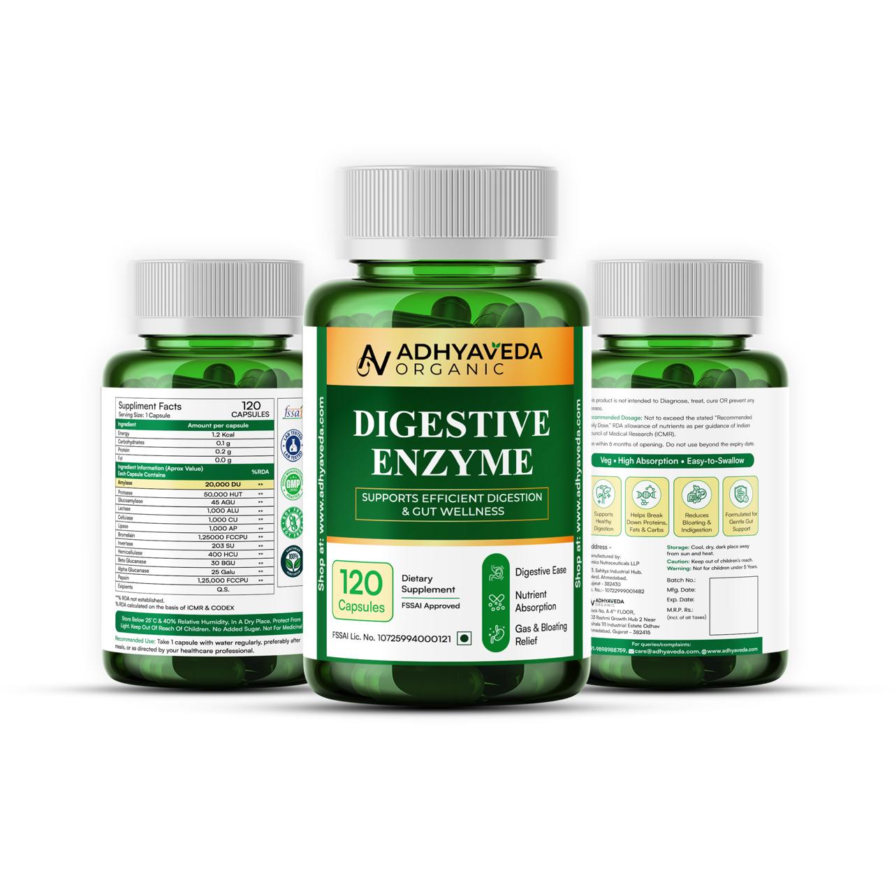 Adhyaveda Digestive Enzyme | Plant-Based Digestive Support Supplement | Sugar-Free | 60 Capsules