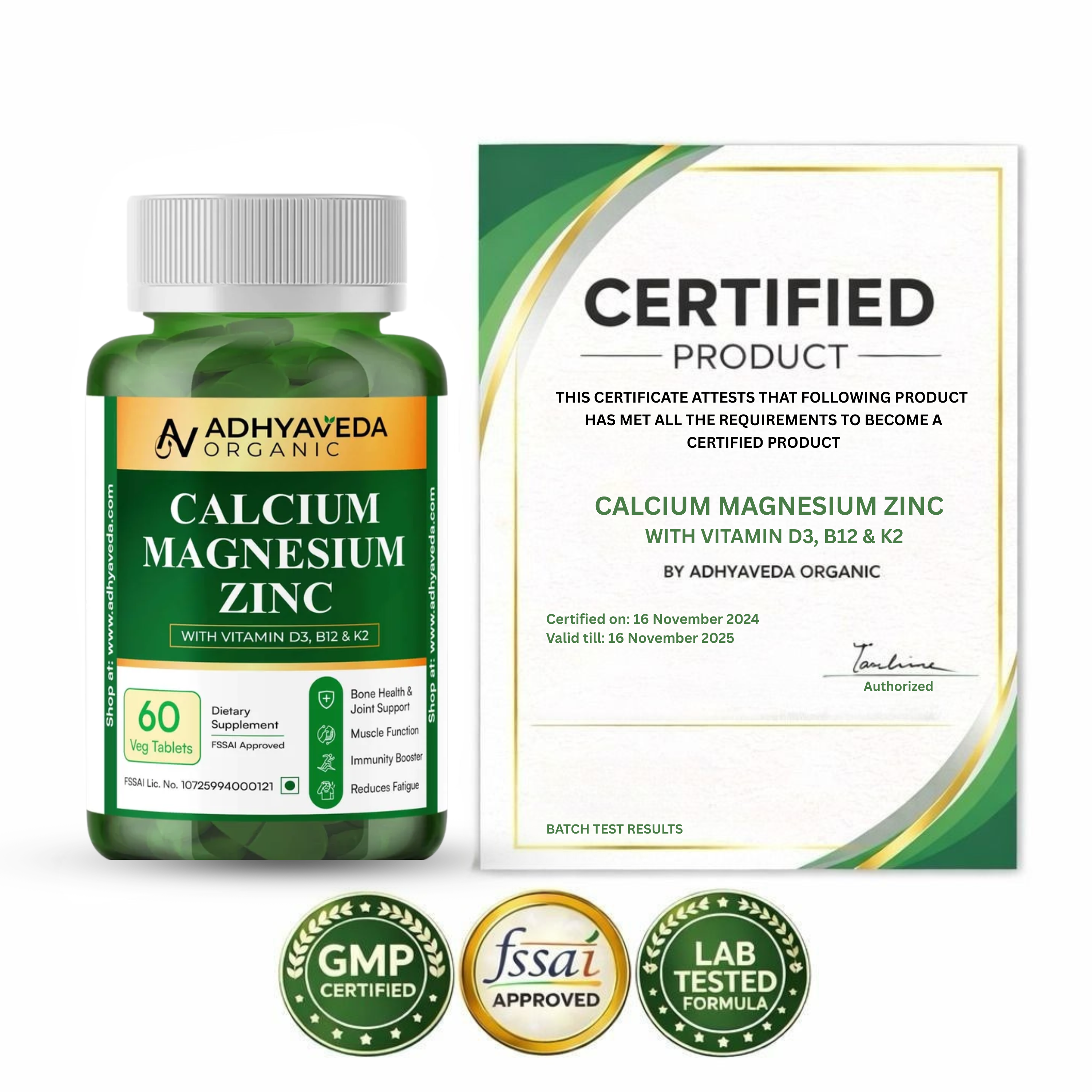 Adhyaveda Calcium Magnesium Zinc with Vitamin D3, B12 & K2 | 60 Tablets | Daily Lifestyle Support | Sugar-free Supplement