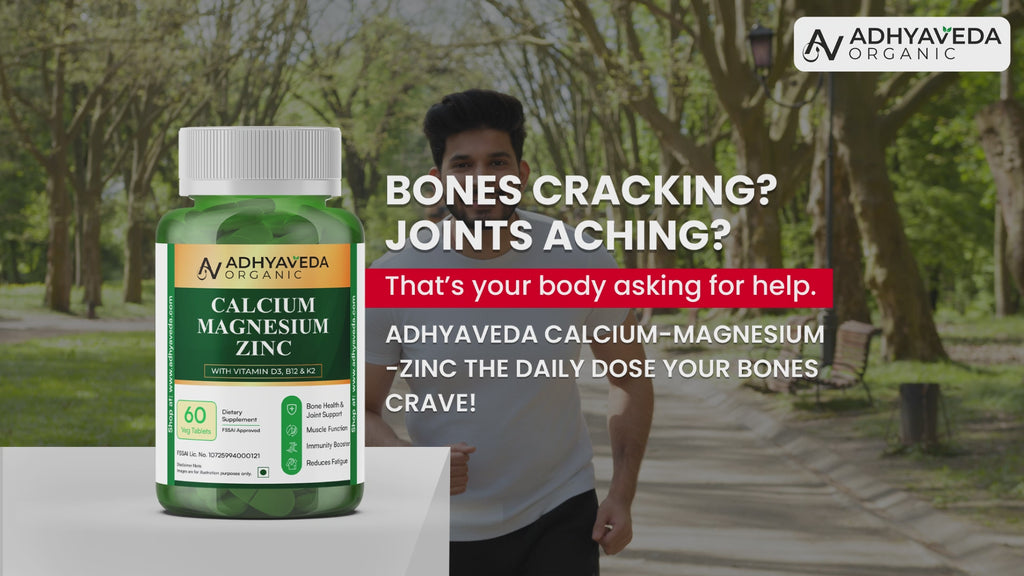 Adhyaveda Organic Calcium, Magnesium & Zinc | With Vitamin D3, B12 & K2 | Bone & Joint Support | 60 Veg Tablets | Adhyaveda Organic Calcium
